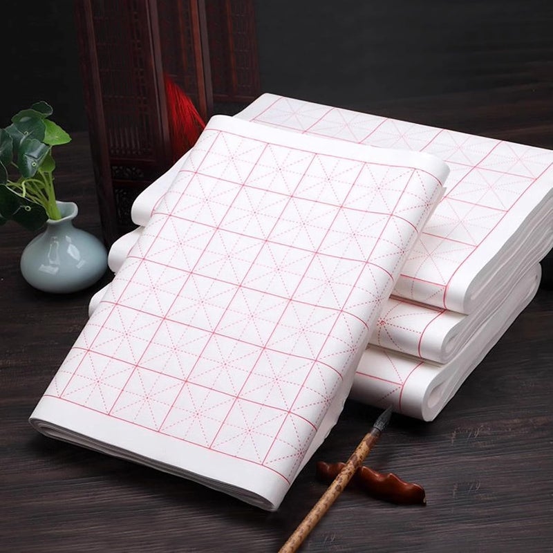 Flmouce Chinese Calligraphy Paper with Grid, 100 Sheets, White Rice Paper for Brush Writing, Xuan Paper,Calligraphy Practice Paper for Beginners (White, Grid-5cm) - Image 1